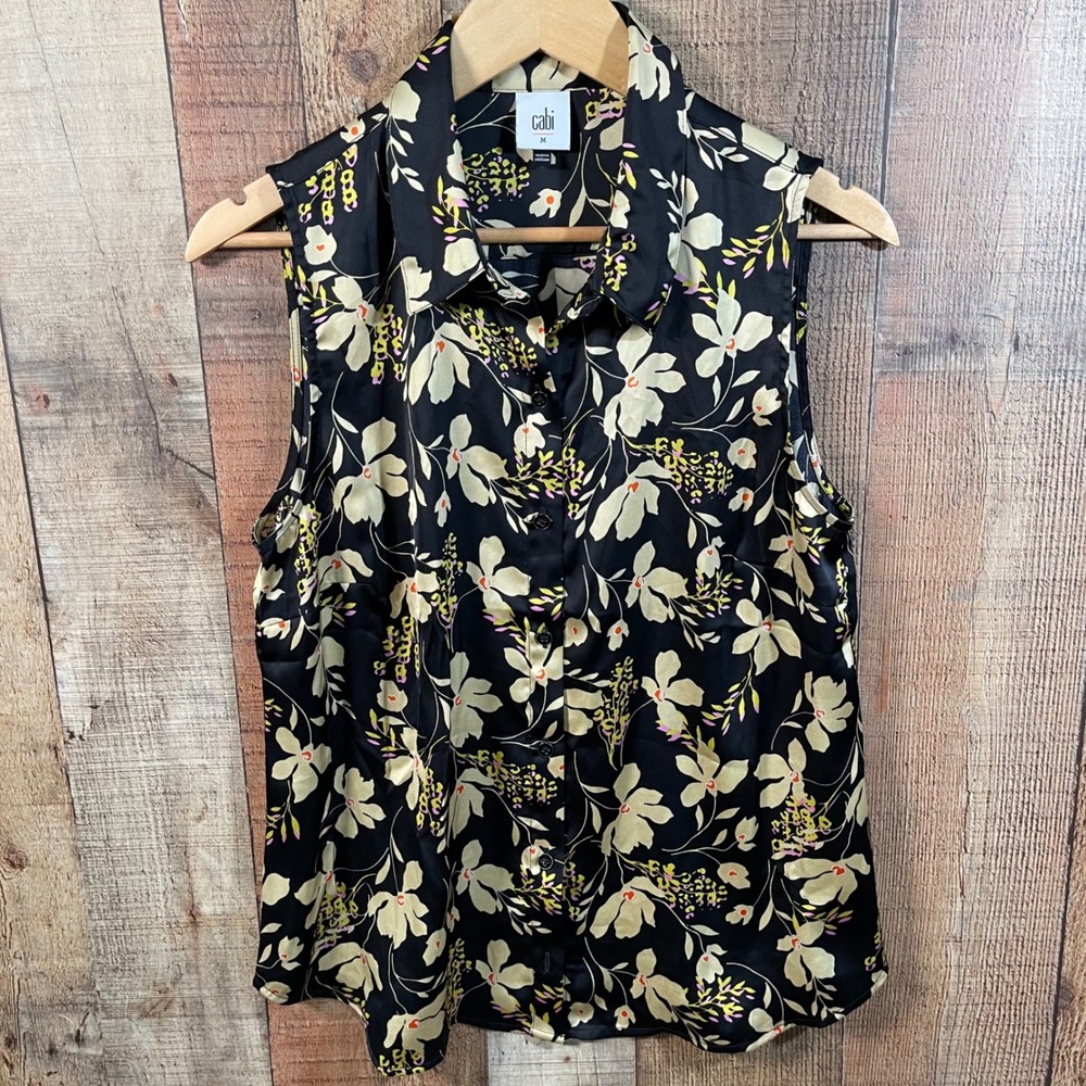 Cabi Midnight Garden Satin Floral Sleeveless Blouse Medium Black Shell Top 6135